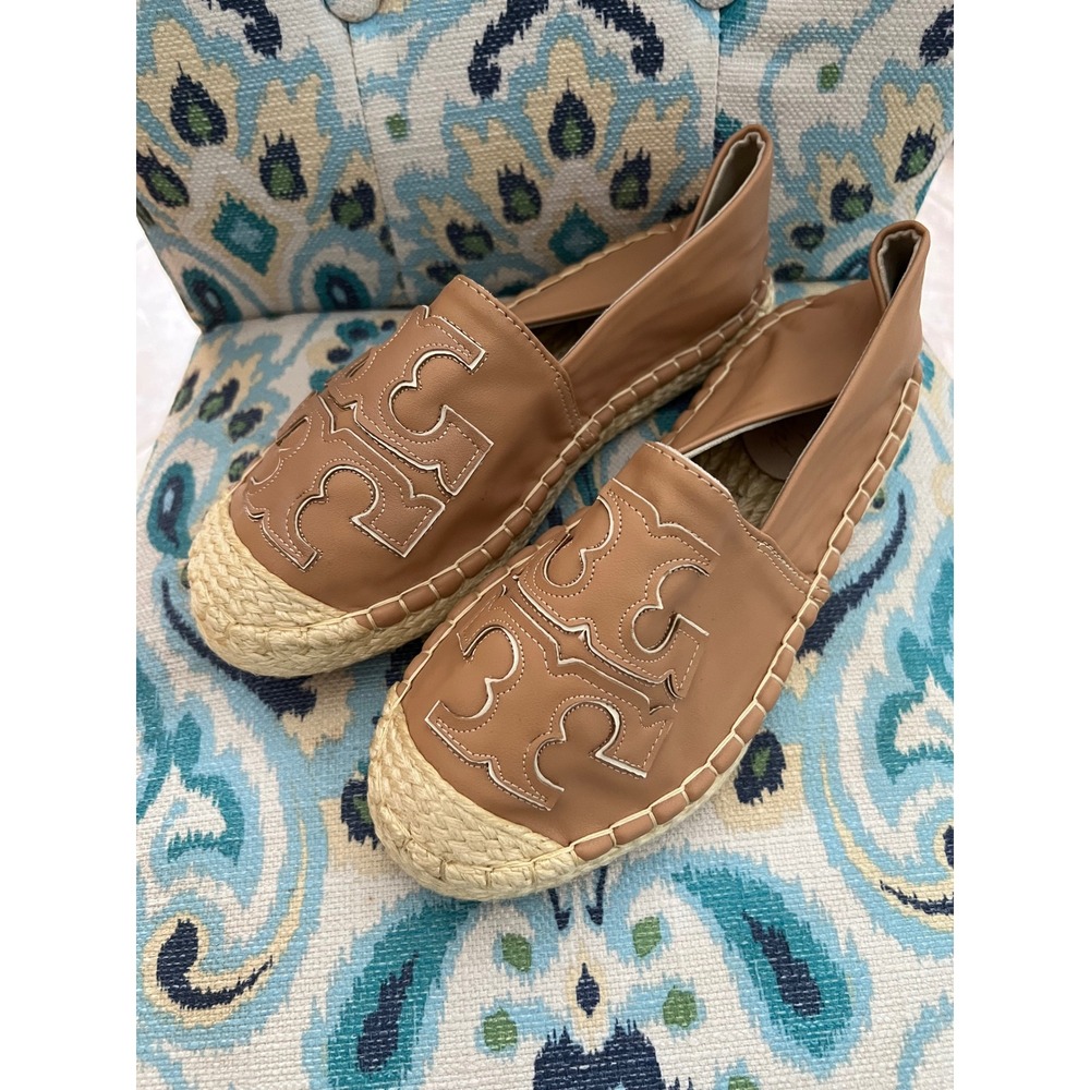 Something Different Shoes Tan Faux Leather Espadrille Flats Logo Slip On Size 37